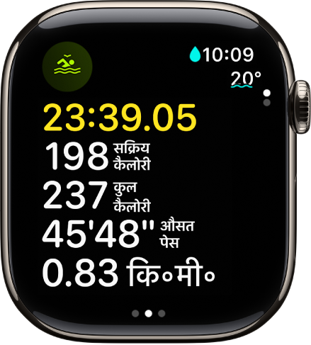 ओपन वॉटर स्विमिंग वर्कआउट प्रगति पर है जो वर्कआउट का व्यतीत समय, वर्तमान में घटाई गईं कैलोरी, घटाई गईं कुल कैलोरी, औसत गति और दूरी दिखाता है।