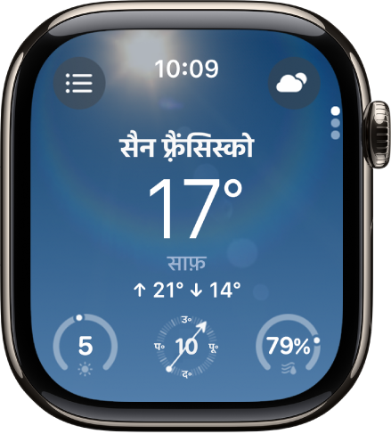 दिन के मौसम का ओवरव्यू दिखाता हुआ मौसम ऐप। स्थान का नाम, वर्तमान तापमान के साथ नीचे दिखाई देता है। सबसे नीचे तीन बटन मौजूद हैं। UV इंडेक्स, हवा की गति और वर्षा। स्थान सूची बटन शीर्ष पर बाईं ओर है और ‘स्थितियाँ’ बटन शीर्ष पर दाईं ओर है।