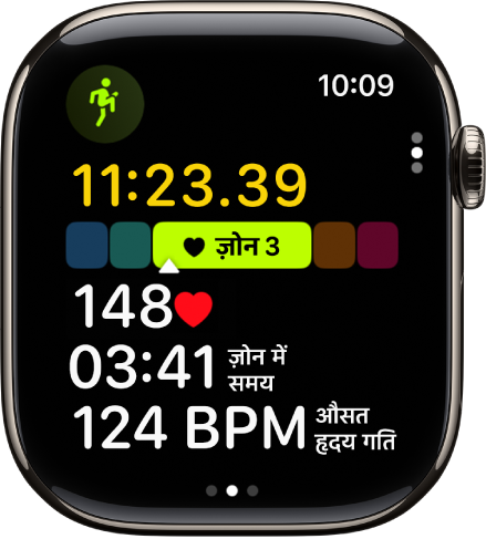 दौड़ का वर्कआउट प्रगति पर है, जो वर्कआउट का व्यतीत समय, आपका वर्तमान ज़ोन, हृदय गति, ज़ोन में बिताया गया समय और औसत हृदय गति को दिखाता है।