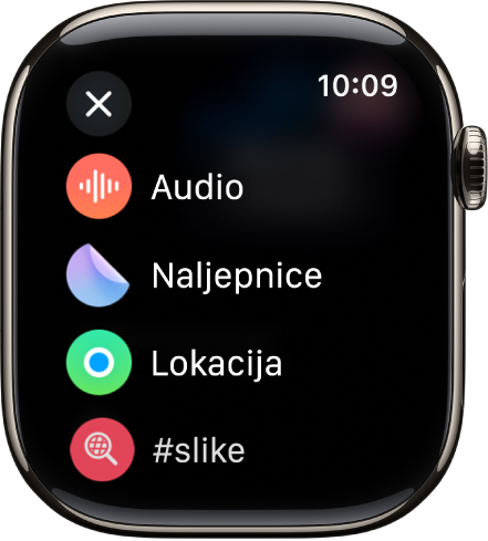 Zaslon aplikacije Poruke prikazuje opcije privitka, kao što su zvuk, naljepnice, lokacija i slike.