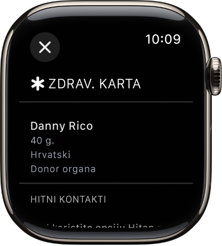 Zaslon Zdravstvena karta na Apple Watchu prikazuje ime osobe, dob, jezik, status donora organa i hitne kontakte.
