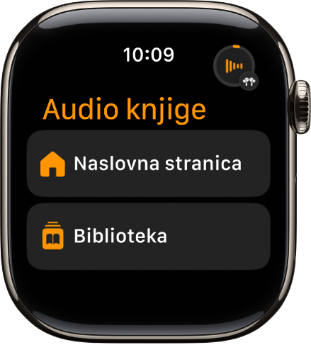 U aplikaciji Audio knjige prikazuju se tipke Naslovna stranica i Medijateka.