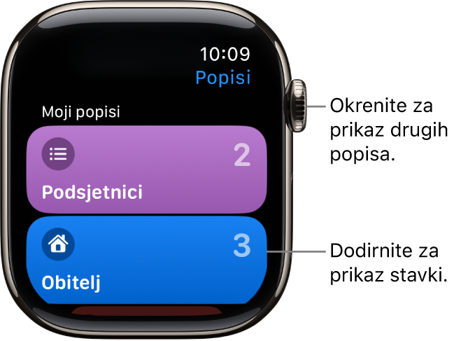 Zaslon s popisima aplikacije Podsjetnici s prikazom dvije tipke s popisima – Obitelj i Dom. Brojevi s desne strane govore koliko se podsjetnika nalazi na svakom popisu. Dodirnite popis za prikaz stavki na njemu ili okrenite Digital Crown za prikaz više popisa.