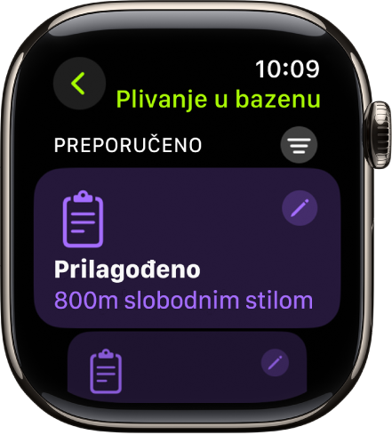 Na zaslonu u aplikaciji Trening prikazuju se postavke za prilagođeni trening plivanja u bazenu.
