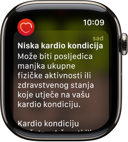 Obavijest za puls, prikazuje nisku kardio kondiciju.
