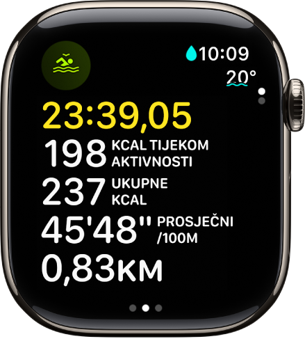 Za trening plivanja na otvorenim vodama koji je u tijeku prikazuje se proteklo vrijeme treninga, utrošene kalorije tijekom aktivnosti, ukupne utrošene kalorije, prosječni tempo i udaljenost.