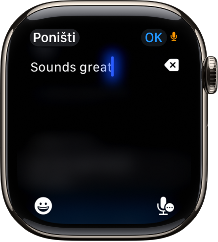 Zaslon polja za unos teksta s porukom koja je izrađena diktiranjem. Tipke za Emoji i Diktat nalaze se na dnu zaslona.
