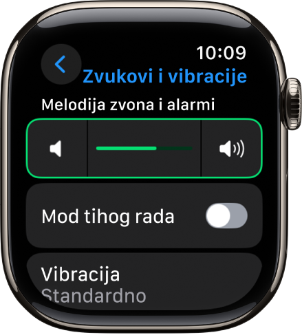 Postavke za opciju Zvukovi i vibracija na Apple Watchu kliznikom Glasnoće alarma pri vrhu zaslona i prekidača Tihog načina rada ispod kliznika.