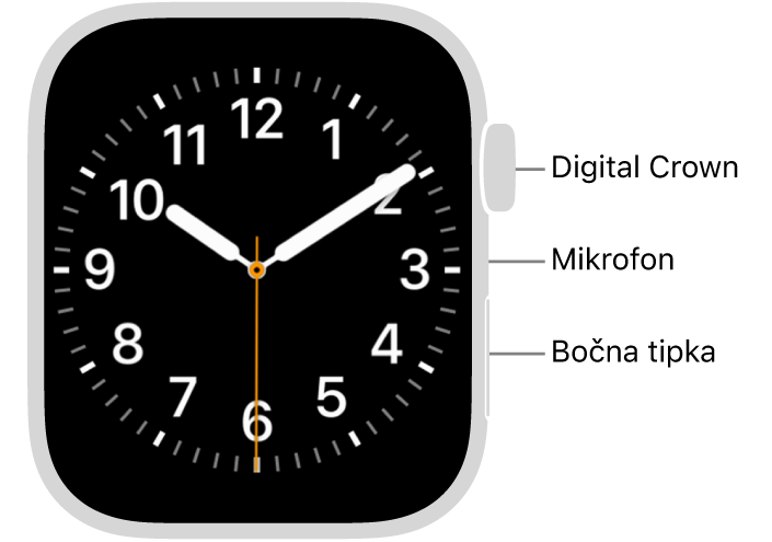 Prednja strana modela Apple Watch Series 9 sa zaslonom koji prikazuje brojčanik sata, a odozgo prema dolje po strani sata nalaze se Digital Crown, mikrofon i bočna tipka.