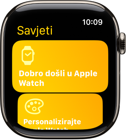 U aplikaciji Savjeti prikazuje se kolekcija savjeta poput Dobro došli na Apple Watch.