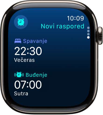 Aplikacija Spavanje na Apple Watchu s prikazom večernjeg rasporeda spavanja. Spavanje se pojavljuje na vrhu, a Vrijeme buđenja odmah ispod.