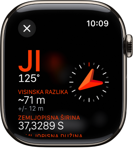 Prikazuje se zaslon Informacije u aplikaciji Kompas. Smjer se prikazuje u središtu lijevo sa smjerom kompasa (sjeverozapad) i stupnjevima (332 stupnja). Ispod su prikazani trenutačni nagib i nadmorska visina. Indikator kompasa nalazi se s desne strane. Tipka za zatvaranje nalazi se u gornjem lijevom kutu.