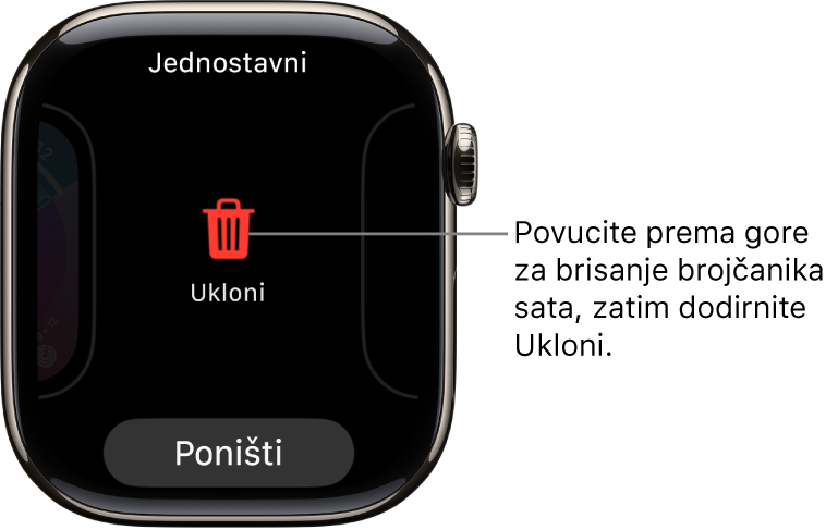 Zaslon aplikacije Apple Watch koji prikazuje tipke Ukloni i Poništi, koji se pojavljuje nakon što povučete na brojčanik sata, zatim povucite prema gore na njega kako biste ga obrisali.