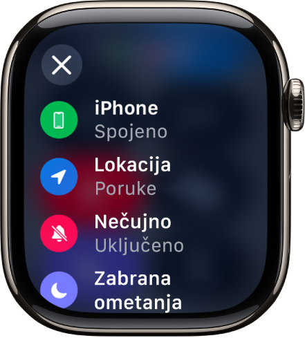 Detalji statusa prikazuju da je iPhone spojen, aplikacija Poruke koristi lokaciju, Tihi način rada je uključen i Zabrana ometanja je uključena.