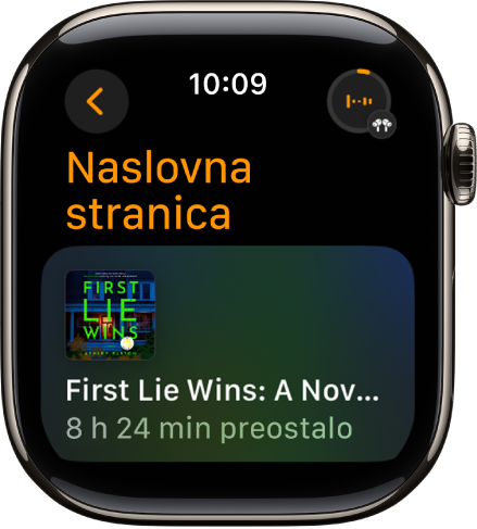 Zaslon aplikacije Audio knjige s prikazom trenutačno reproducirane knjige te naslovom i preostalim vremenom. Tipka Izvodi se nalazi se u gornjem desnom kutu.