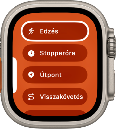 A Gyors váltás képernyő a Művelet gombhoz rendelhető műveletekkel (pl. Edzés, Stopperóra és Útpont).