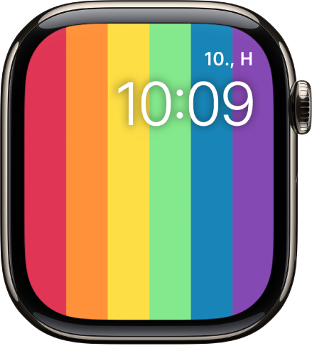 A Pride, digitális óraszámlap függőleges szivárványcsíkokkal, a dátummal és az idővel a jobb felső sarokban.