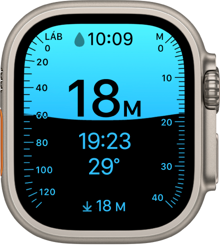 Egy Apple Watch Ultrán a Mélység képernyő látható az aktuális mélységgel, az eltelt idővel és a vízhőmérséklettel.