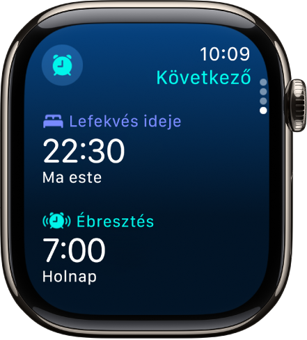 Az Alvás app az Apple Watchon egy esti alvási ütemezéssel. A Lefekvés felül, míg az Ébresztés ideje alatta látható.