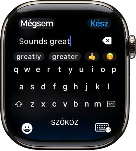 A szövegmező képernyő egy üzenettel, amelyet a képernyő-billentyűzet segítségével készítenek. Az Emoji és a Képernyő-billentyűzet gombok a képernyő alján láthatók.