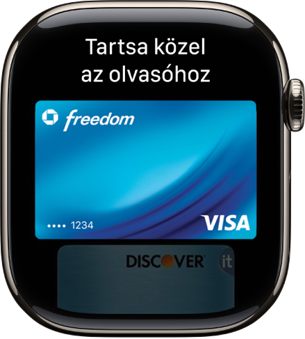 Az Apple Pay képernyője egy hitelkártyával, amely készen áll ahhoz, hogy hozzáérintsék egy kártyaolvasóhoz.