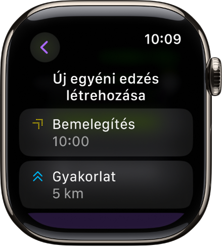 Az Edzés app egyik képernyője, amelyen új egyéni edzés hozható létre. A 10 perces intervallummal rendelkező Bemelegítés csempe középen, míg a 3 perces intervallummal rendelkező Edzés csempe alatta található.