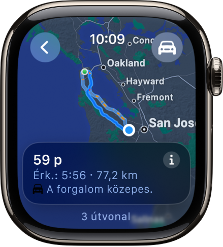 A Térképek app egy autós útvonalterv áttekintésével. Az utazás első útszakasza alul látható.