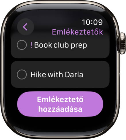 Az Emlékeztetők app két emlékeztetővel. Az emlékeztetők a képernyő tetejének közelében jelennek meg, alatta pedig az Emlékeztető hozzáadása gomb látható.