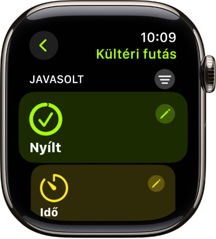 Az Edzés app egyik képernyője, amelyen egy kültéri futásedzés szerkesztése látható. Középen a Nyílt mozaik, a jobb felső részen pedig a Szerkesztés gomb látható. Az Idő mozaik egy része lentebb látható.