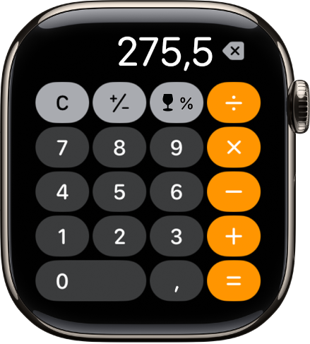 Az Apple Watch a Számológép appal. A képernyő jellegzetes numerikus billentyűzetet jeleníti meg, a jobb oldalon matematikai függvények láthatók. A fenti részen látható a C, a plusz vagy mínusz és a Borravaló gombok.