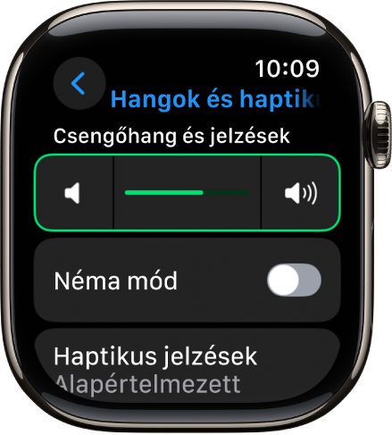 A Hangok és haptikus jelzések beállításai az Apple Watchon; felül a Jelzés hangereje csúszka, alatta pedig a Néma mód kapcsolója látható.
