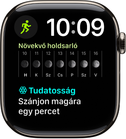 A Moduláris duó óraszámlap egy digitális órával a jobb felső részen, és három komplikációval: balra fent az Edzés látható, középen a Holdfázis, alul pedig a Tudatosság.