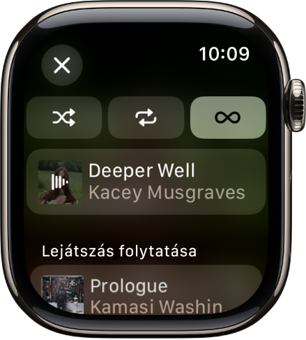 A dalok listájának ablaka, amelynek tetején a Keverés, az Ismétlés és az Automatikus lejátszás gombjai láthatók, közvetlenül alattuk pedig egy dal. A képernyő alján egy másik dal jelenik meg a Lejátszás következőként felirat alatt. A Bezárás gomb a bal felső részen található.