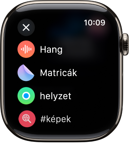 Az Üzenetek app képernyője, amelyen mellékletként hozzáadható lehetőségek láthatók (pl. hang, matricák, helyzet és képek).