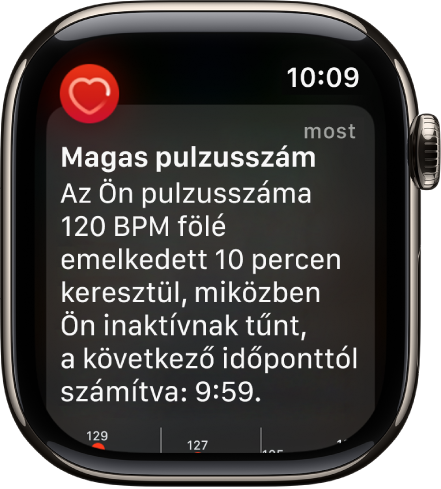 A Pulzusszámra vonatkozó figyelmeztetés képernyője, magas érzékelt pulzusszámmal.