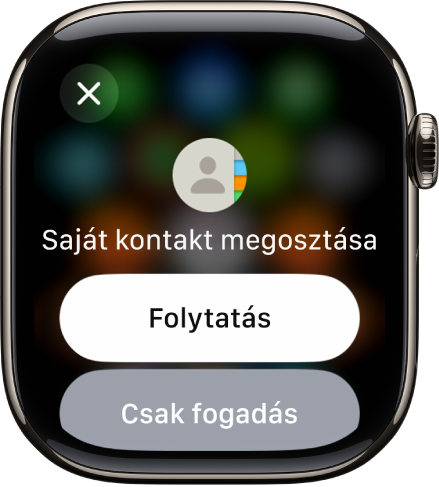 A NameDrop képernyője két gombbal – a Folytatás gomb lehetővé teszi, hogy fogadja a kontaktinformációkat, és megossza a saját kontaktinformációit, a Csak fogadás gomb pedig arra szolgál, hogy kizárólag a másik személy kontaktinformációit fogadja.
