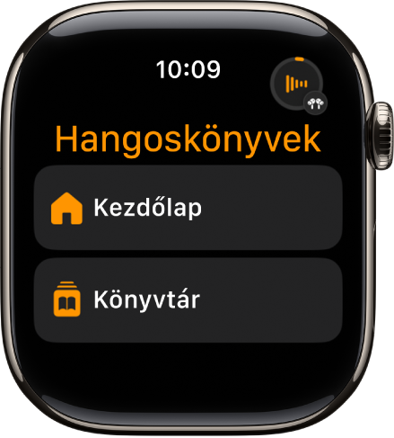 A Hangoskönyvek app a Kezdőlap és a Könyvtár gombokkal.