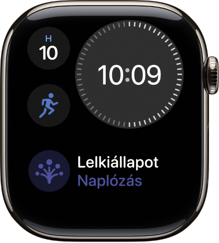 A Kompakt moduláris óraszámlap, amelyen jobbra fent egy digitális óra, balra fent a nap és a dátum, valamint további két komplikáció látható: balra középen az Edzés, alul pedig a Lelkiállapot.