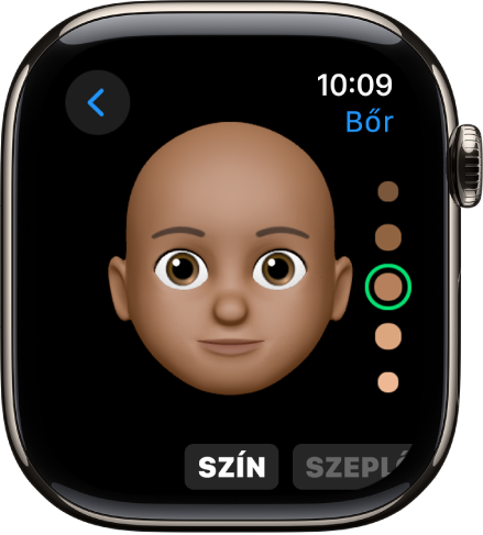 A Memoji app az Apple Watchon az orr szerkesztési képernyőjével. Az arc látható közelről, amelyen az orr van a fókuszban. A képernyő alján a Szín szó jelenik meg.