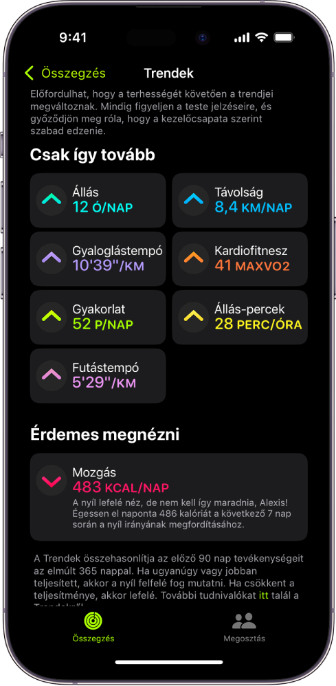 A Trendek lap az iPhone Fitnesz appjában. Néhány mérőszám jelenik meg a Trendek fejléc alatt, a képernyő tetejénél. A mérőszámok között megtalálható a Testmozgás, az Állás és a Távolság. A mozgás a Megéri megnézni fejléc alatt jelenik meg.
