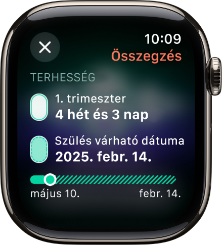 A Cikluskövetés app képernyője, amelyen egy terhesség összefoglalása látható, középen a magzati életkorral és a szülés várható dátumával.