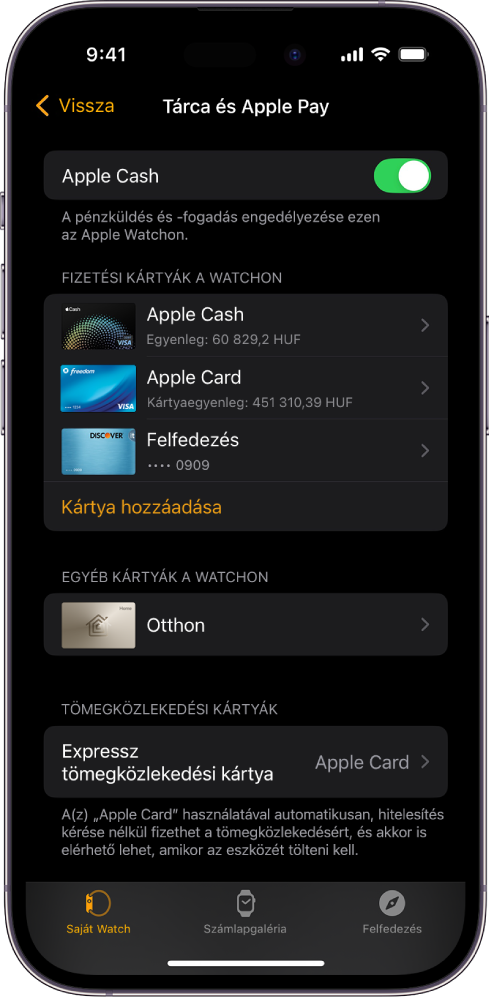 A Tárca és Apple Pay beállításai az Apple Watch appban egy iPhone-on.
