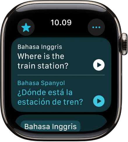 Layar di app Terjemahkan yang menampilkan frasa bahasa Inggris di bagian atas yang diterjemahkan ke bahasa Spanyol di bagian bawah.