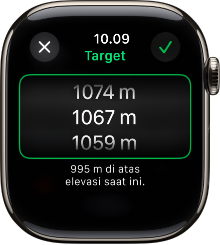 App Kompas menampilkan layar Elevasi Target. Daftar gulir elevasi muncul di bagian tengah layar. Di bawah daftar terdapat indikasi seberapa jauh elevasi yang dipilih di atas atau di bawah elevasi Anda saat ini. Di bagian atas terdapat tombol Tutup dan Centang.