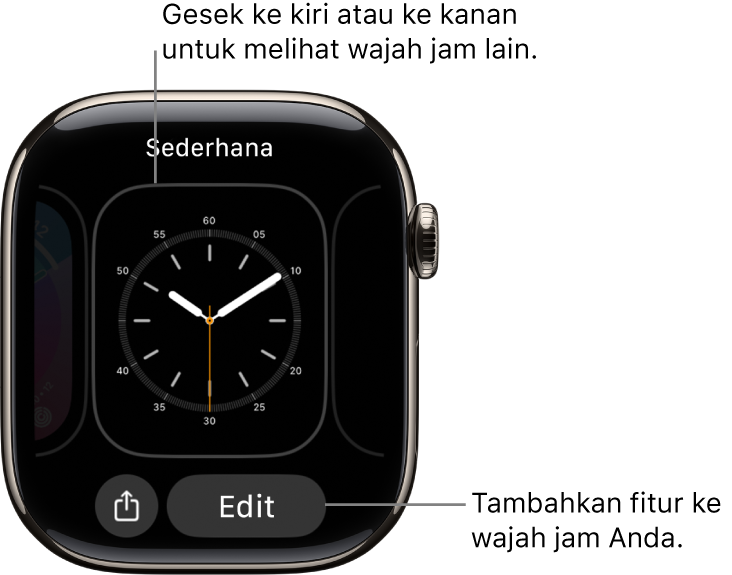 Wajah jam yang menampilkan tombol Bagikan dan Edit, yang muncul setelah Anda menyentuh dan menahan wajah jam. Nama wajah jam berada di bagian atas. Gesek ke kiri atau ke kanan untuk melihat pilihan wajah jam lainnya. Ketuk komplikasi untuk menambahkan fitur yang Anda inginkan.