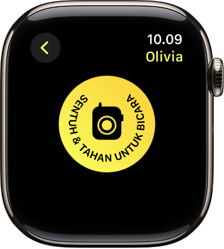 Layar Walkie-Talkie menampilkan tombol Bicara besar di tengah. Tombol Bicara berbunyi “Sentuh & Tahan Untuk Bicara”.