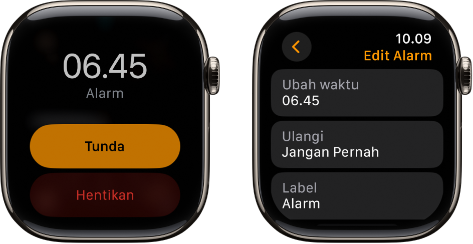Dua layar jam: Satu layar menampilkan wajah jam dengan tombol Tunda dan Hentikan, dan layar lain menampilkan pengaturan Edit Alarm, dengan tombol Ubah Waktu, Ulangi, dan Label di bawah. Pengalih Tunda di bagian bawah.