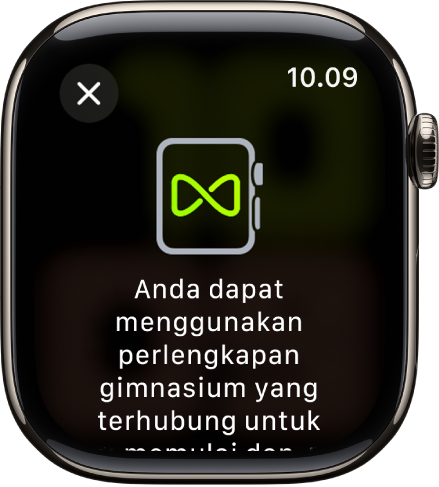 Layar pemasangan yang muncul saat Anda memasangkan Apple Watch Anda dengan alat gimnasium.