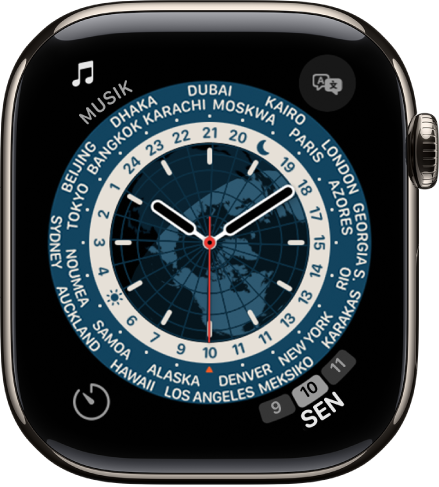 Wajah jam Waktu Dunia menampilkan jam analog. Di tengah terdapat peta bola dunia, menampilkan siang dan malam. Angka dan nama kota muncul di sekeliling dial, menandakan waktu di setiap lokasi. Terdapat komplikasi di setiap pojok: Musik terdapat di bagian kiri atas, Terjemahkan di bagian kanan atas, Timer di bagian kiri bawah, dan tanggal di bagian kanan atas.