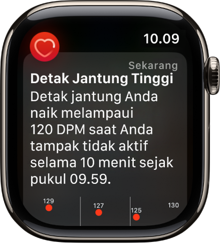 Layar Peringatan Detak Jantung menunjukkan bahwa detak jantung tinggi telah terdeteksi.